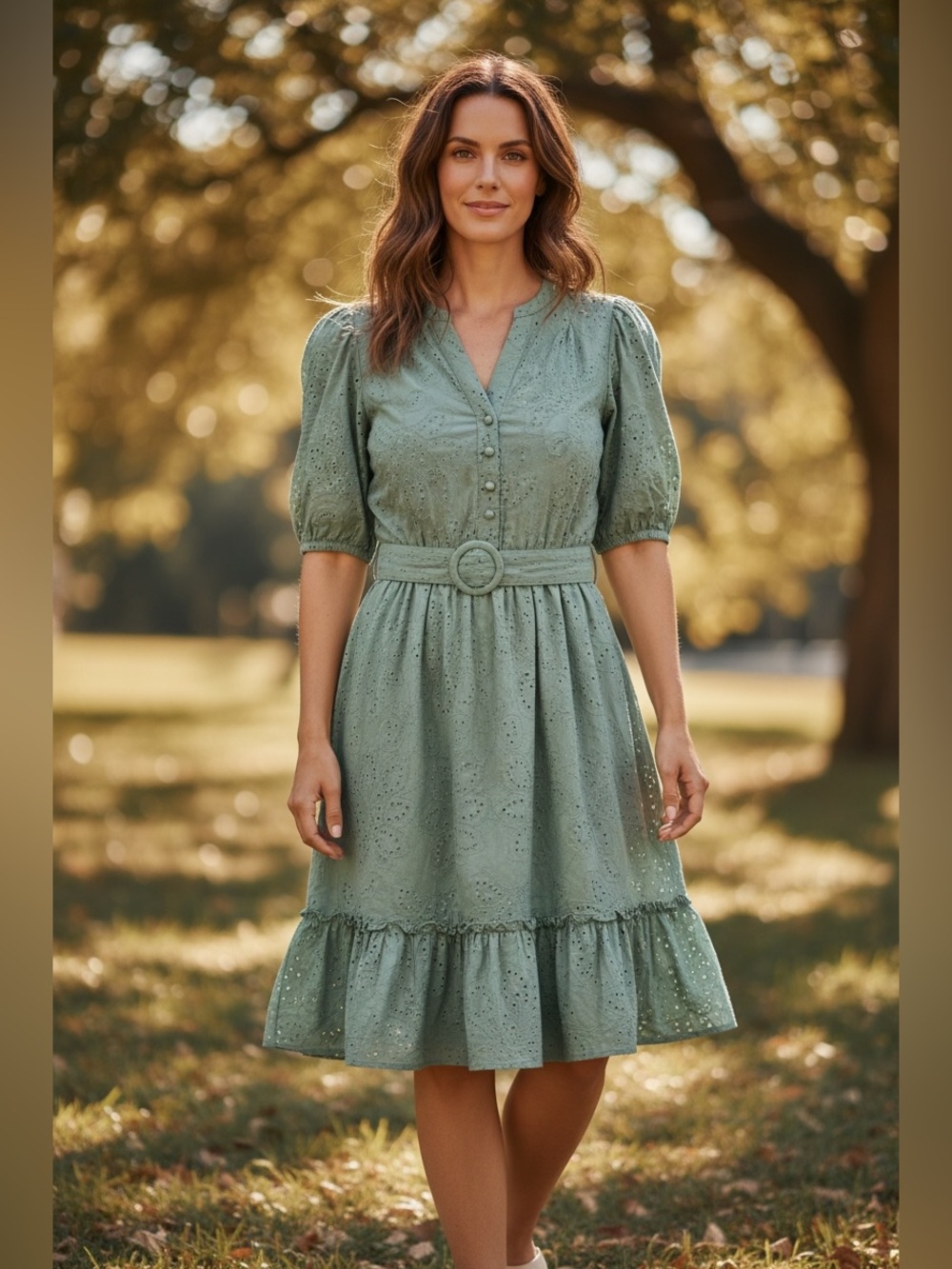 Joie Sage Green Eyelet Belted A-Line Casual Dress